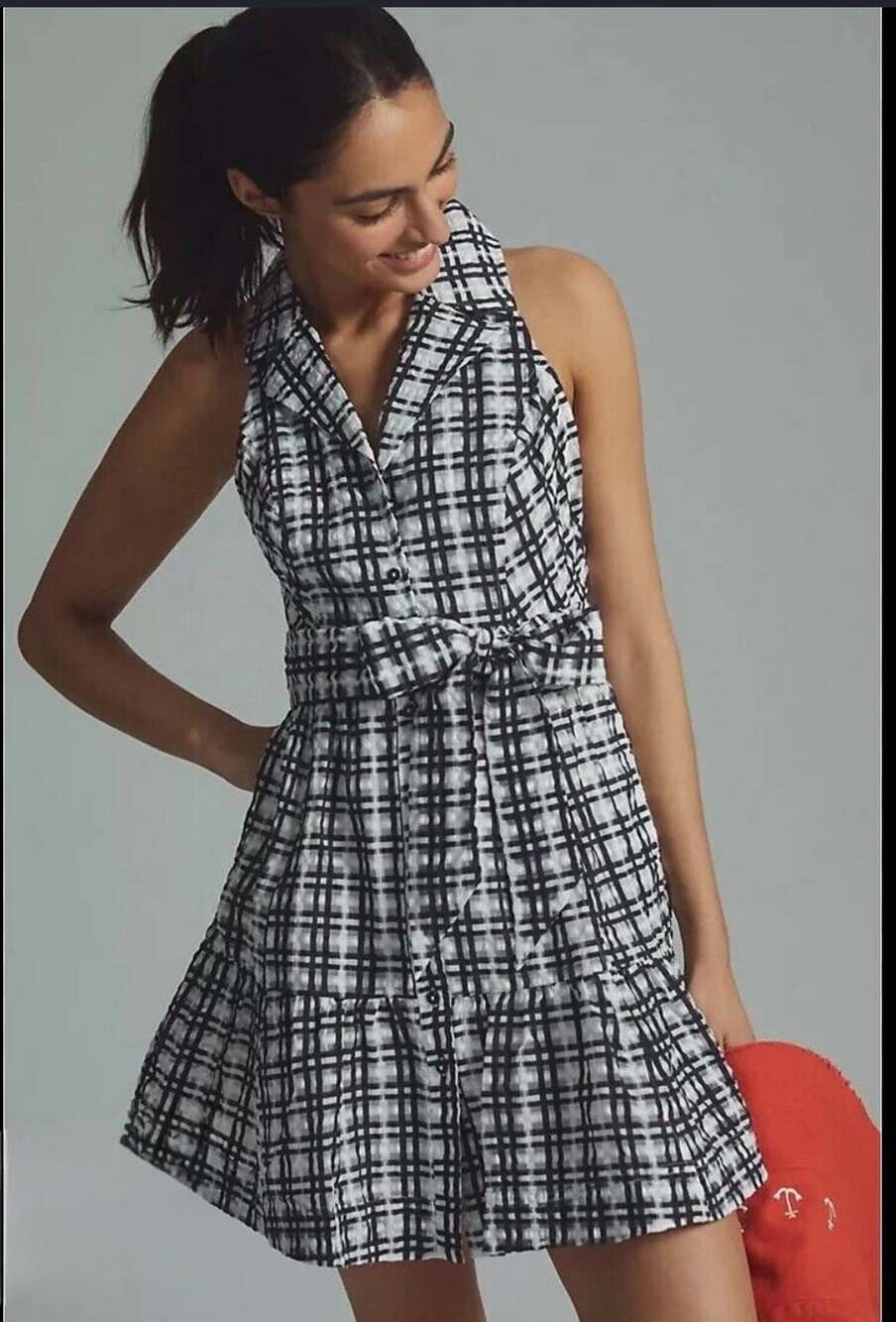 Maeve by Anthropologie Plaid Mini Shirt Dress Black White Size 14